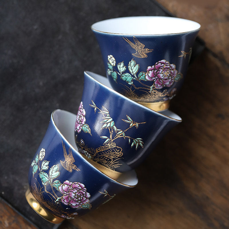 Tasse à thé en céramique à motif de pie dorée et de pivoine pour le thé Kung Fu