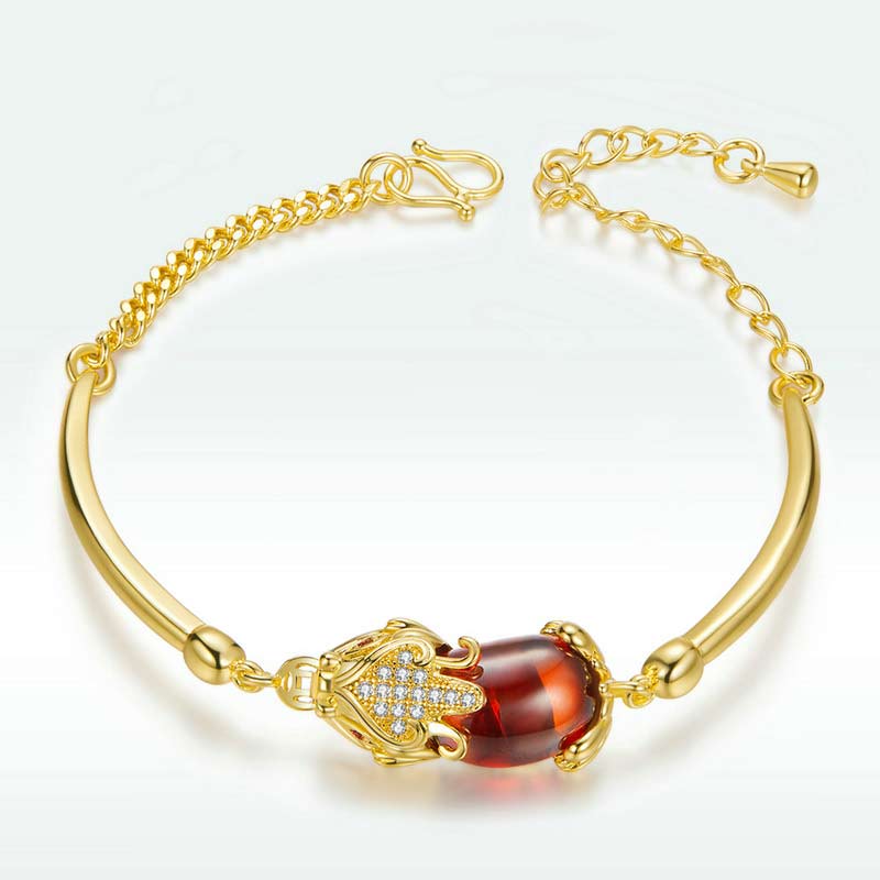 Bracelet Pixiu en agate rouge dorée 7,5 pouces Richesse et chance