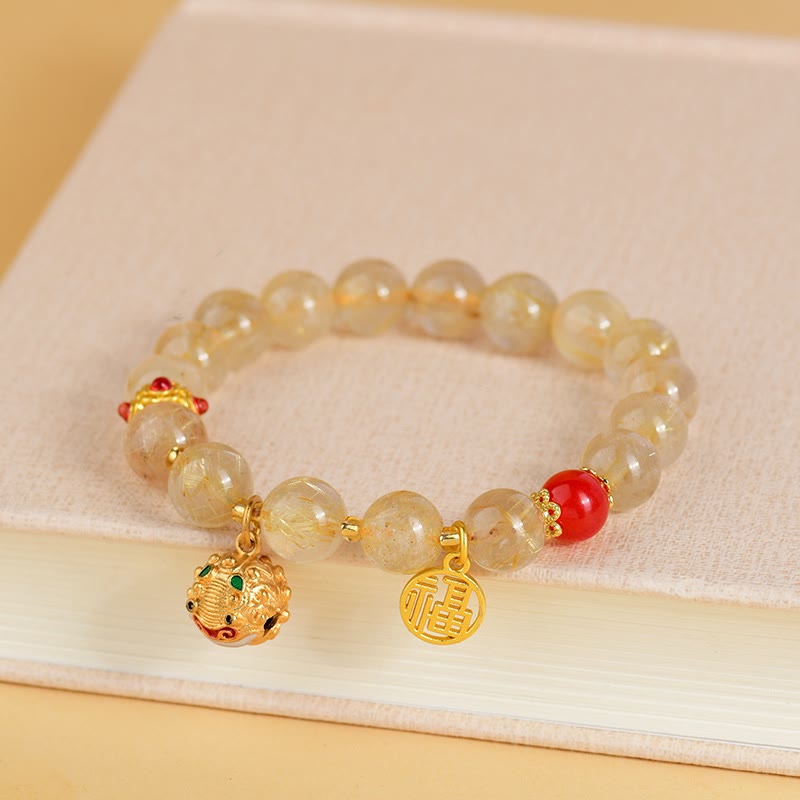Bracelet de richesse en quartz rutile doré Fu Charm