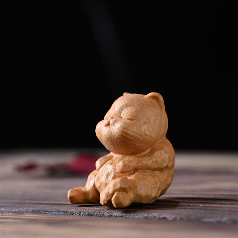 Mini Chat Assis en Bois de Santal Doré Décoration Zen 5,3 cm