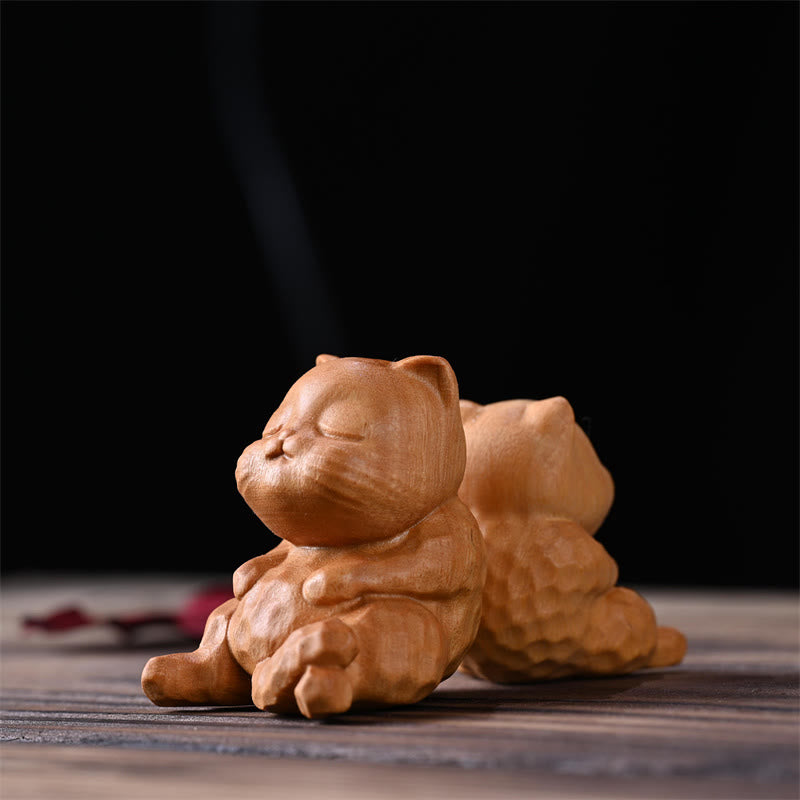 Mini Chat Assis en Bois de Santal Doré Décoration Zen 5,3 cm