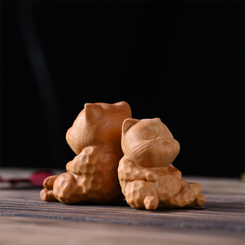 Mini Chat Assis en Bois de Santal Doré Décoration Zen 5,3 cm