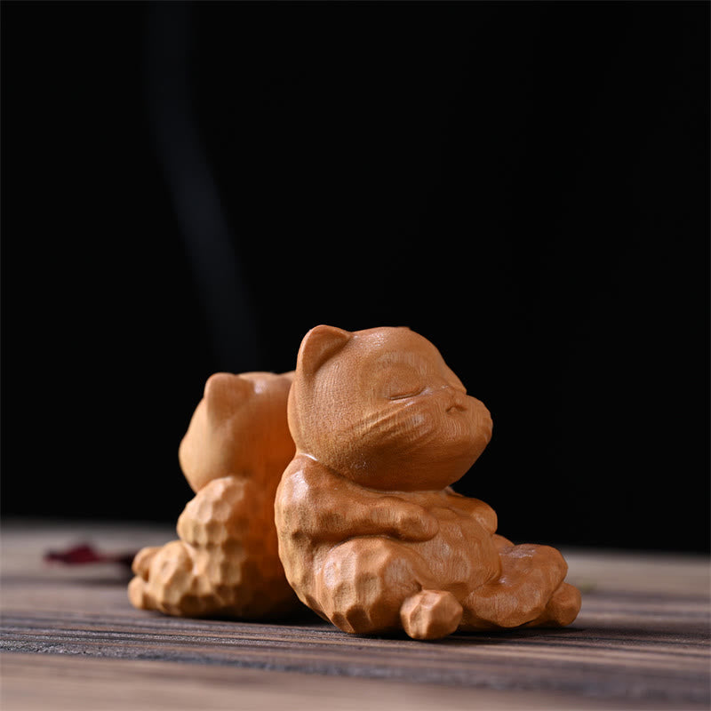 Mini Chat Assis en Bois de Santal Doré Décoration Zen 5,3 cm