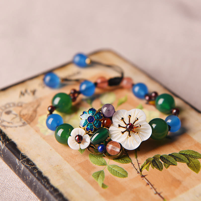 Bracelet fleur en agate verte et agate bleue