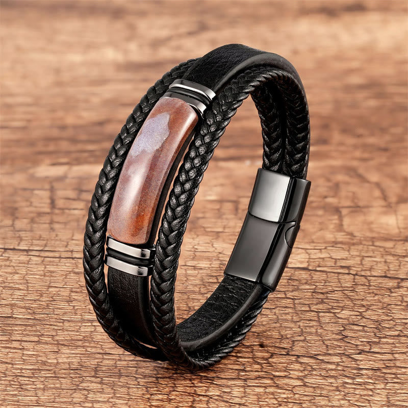 Bracelet en cuir tressé multicouche Power Agate verte 21 cm