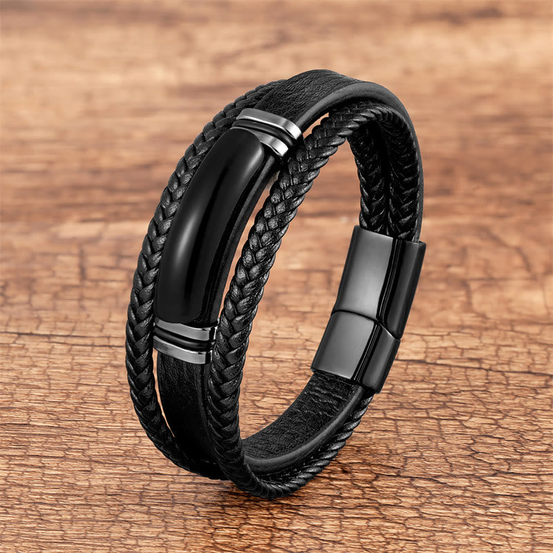 Bracelet en cuir tressé multicouche Power Agate verte 21 cm