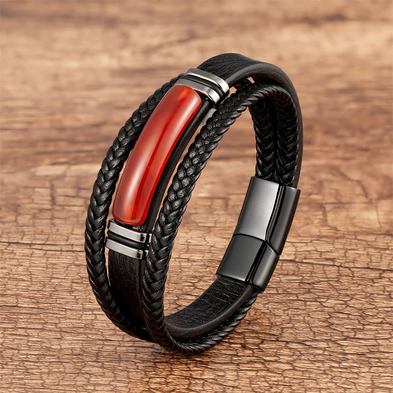 Bracelet en cuir tressé multicouche Power Agate verte 21 cm