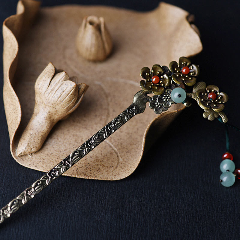 Épingle à cheveux apaisante en aventurine verte et agate rouge 16 cm