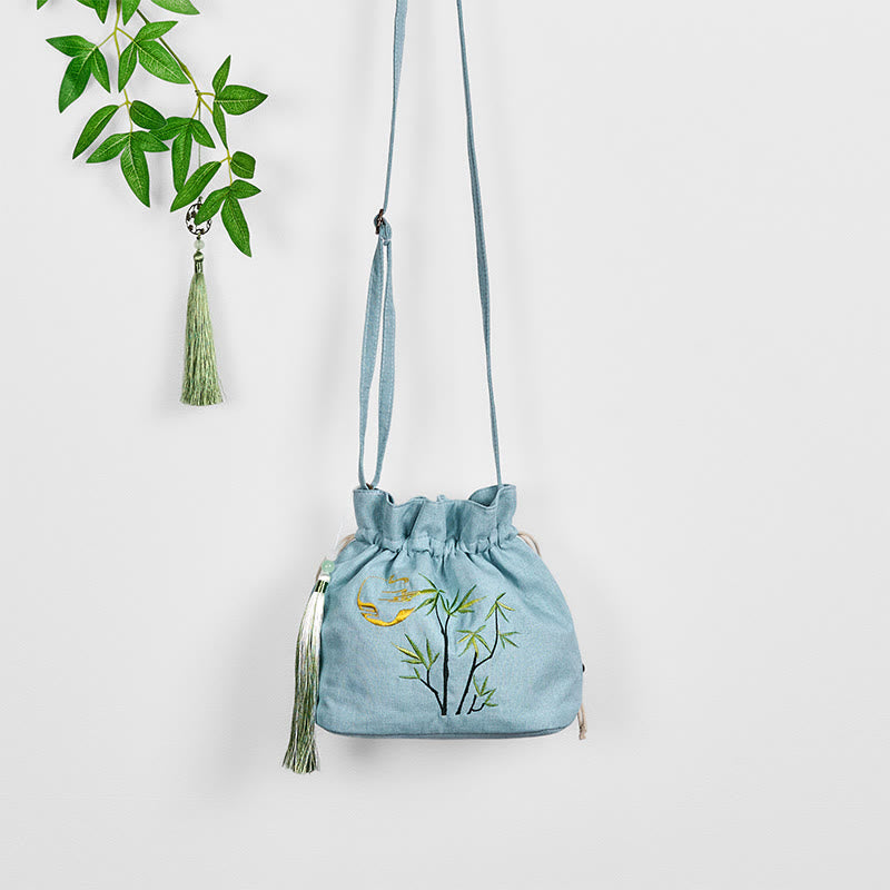 Sac bandoulière en bambou vert, coton et lin avec broderie
