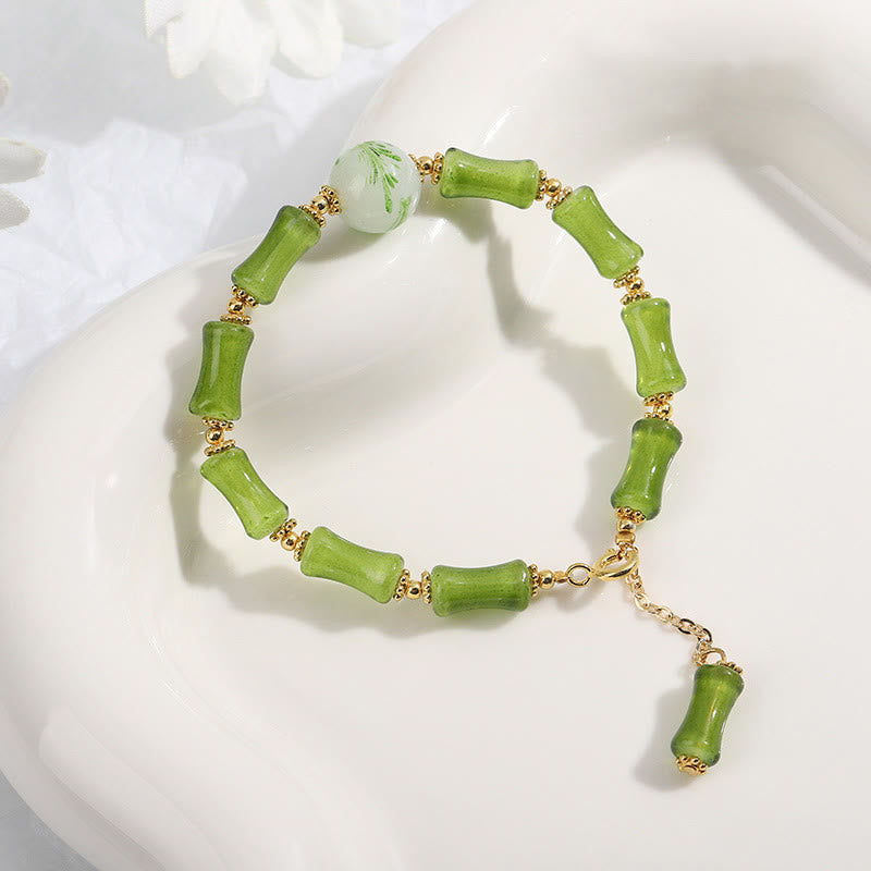 Bracelet spirituel en bambou vert Liuli et cristal d'agate mousse pour la richesse
