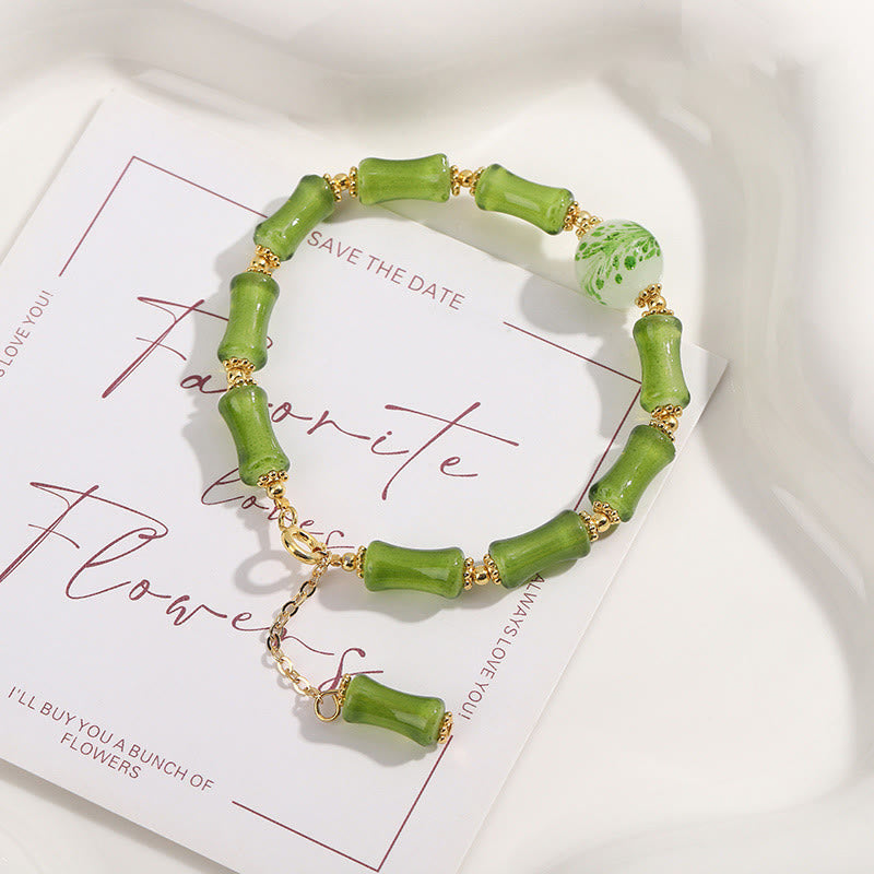 Bracelet spirituel en bambou vert Liuli et cristal d'agate mousse pour la richesse