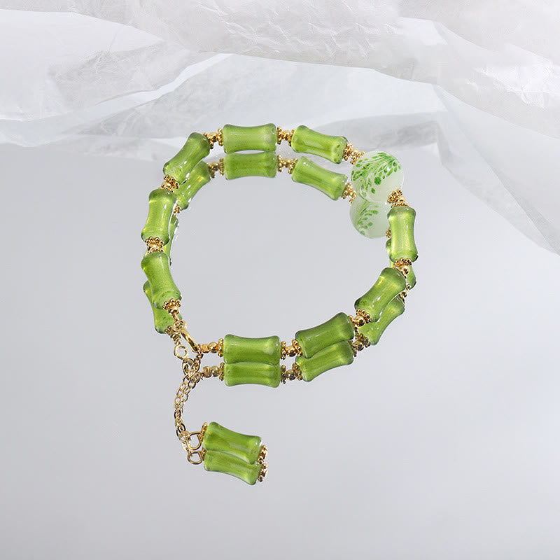 Bracelet spirituel en bambou vert Liuli et cristal d'agate mousse pour la richesse