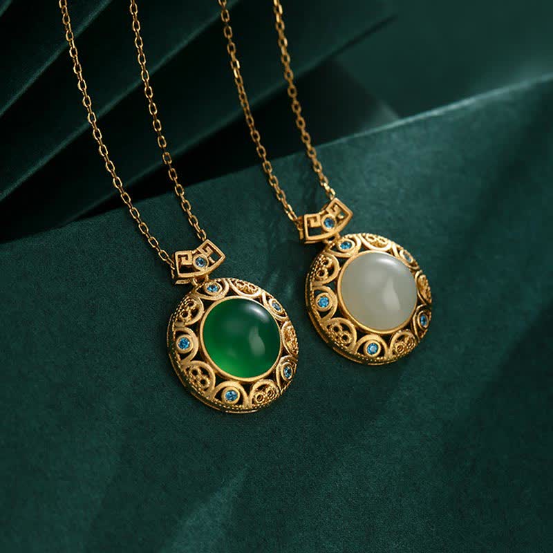 Collier de force en calcédoine verte et jade blanc Hetian