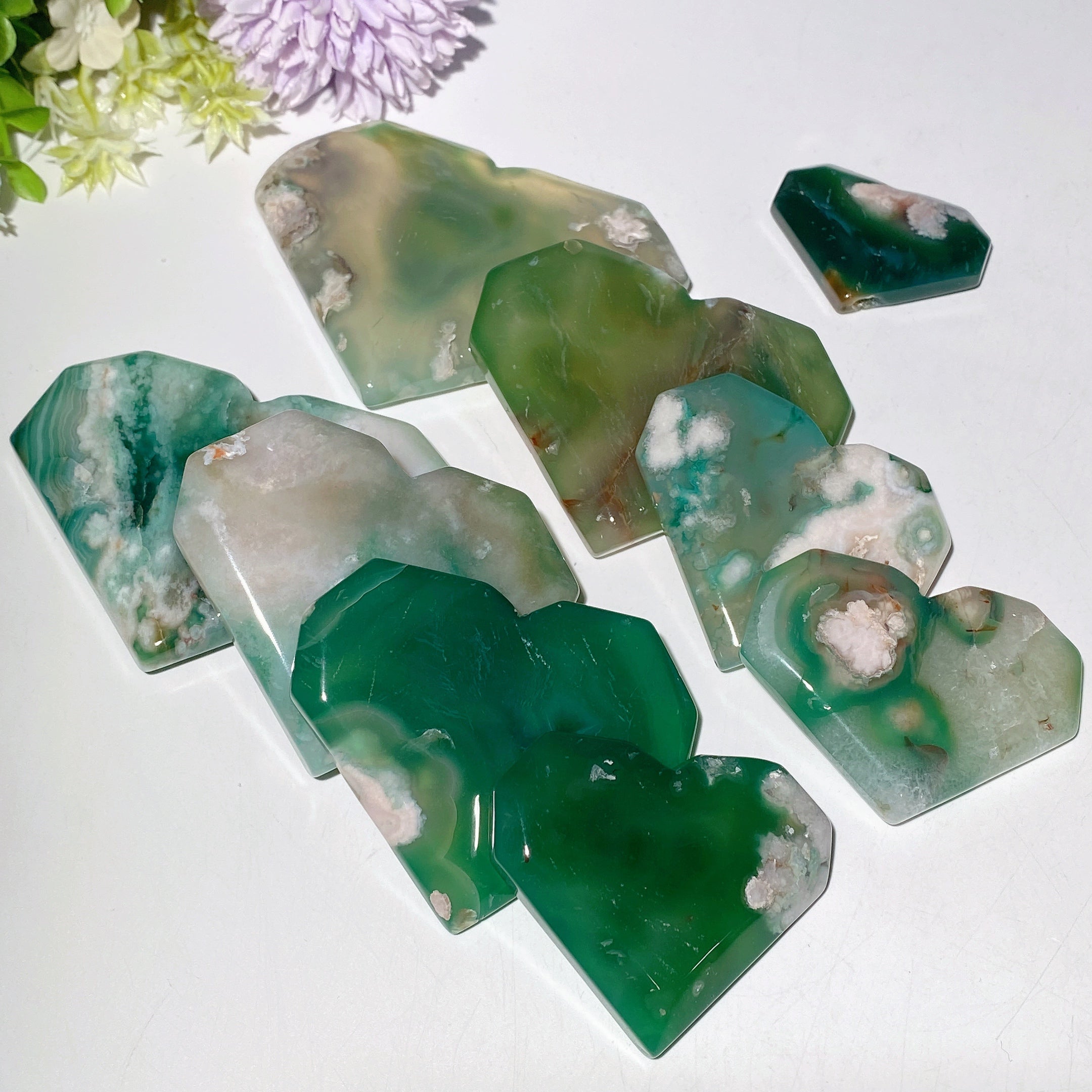 Green Flower Agate Heart Crystal Carvings 1.9-4.0 inch