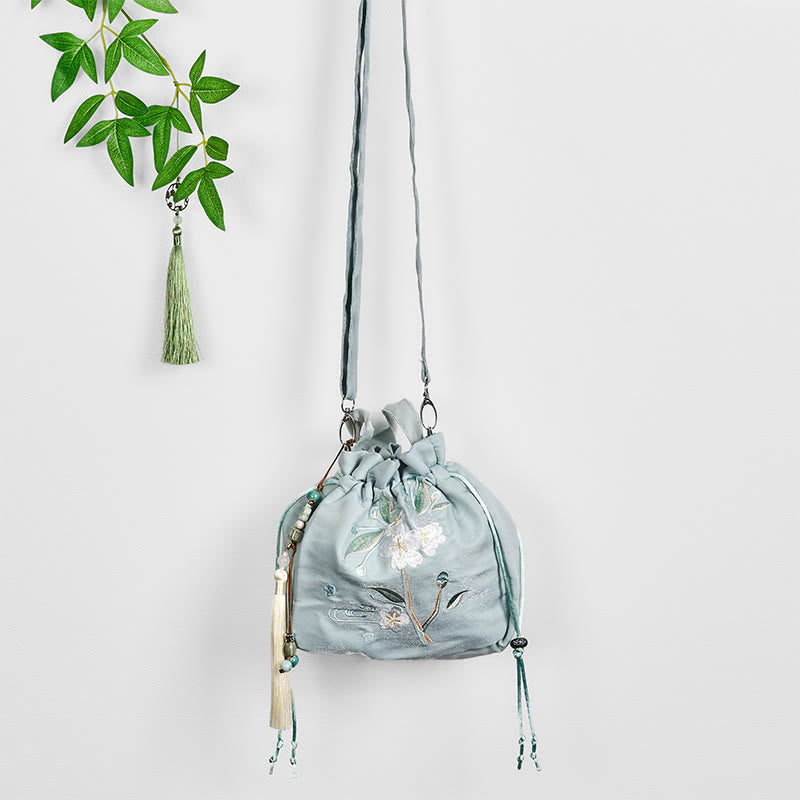 Sac fourre-tout en toile brodée de fleurs vertes 20 x 20 cm