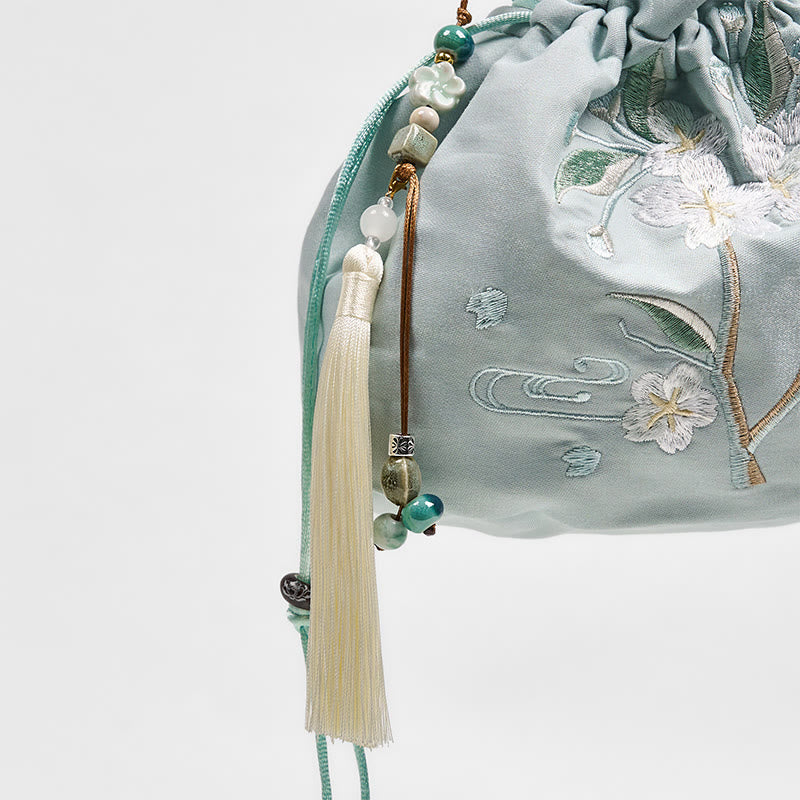 Sac fourre-tout en toile brodée de fleurs vertes 20 x 20 cm