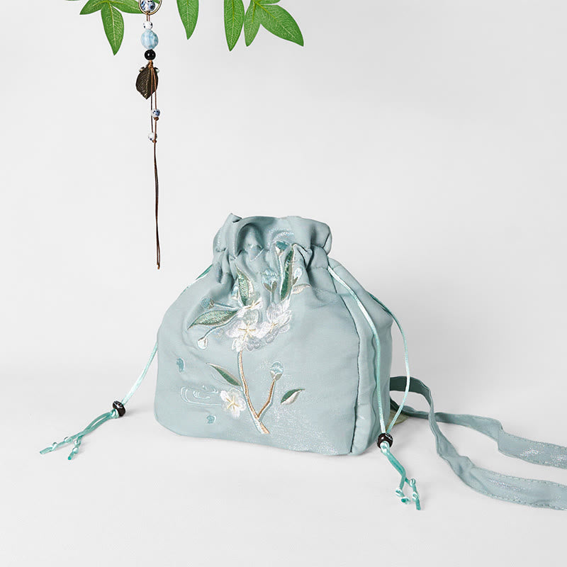 Sac fourre-tout en toile brodée de fleurs vertes 20 x 20 cm