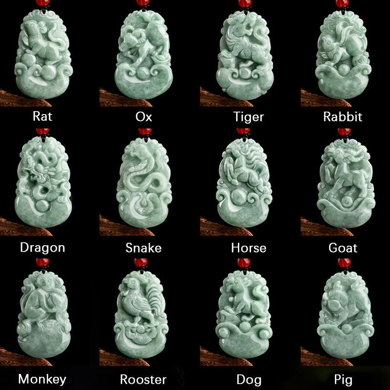 Collier porte-bonheur en jade vert (12 signes du zodiaque chinois) | Collier de prospérité