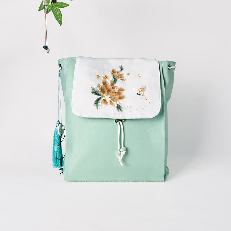 Sac à dos en toile à fleurs de pivoines vertes | Mindful Clothing