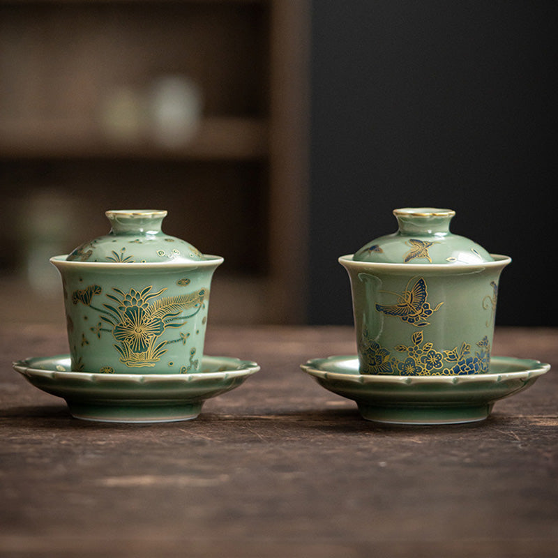 Service à thé Gaiwan en porcelaine verte | Motifs papillon, fleur et saumon