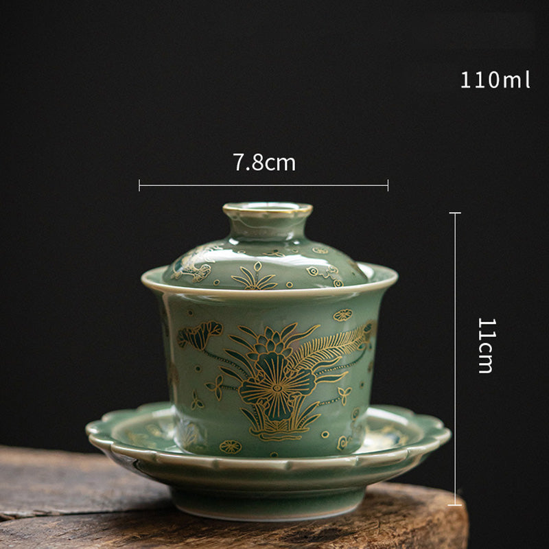 Service à thé Gaiwan en porcelaine verte | Motifs papillon, fleur et saumon