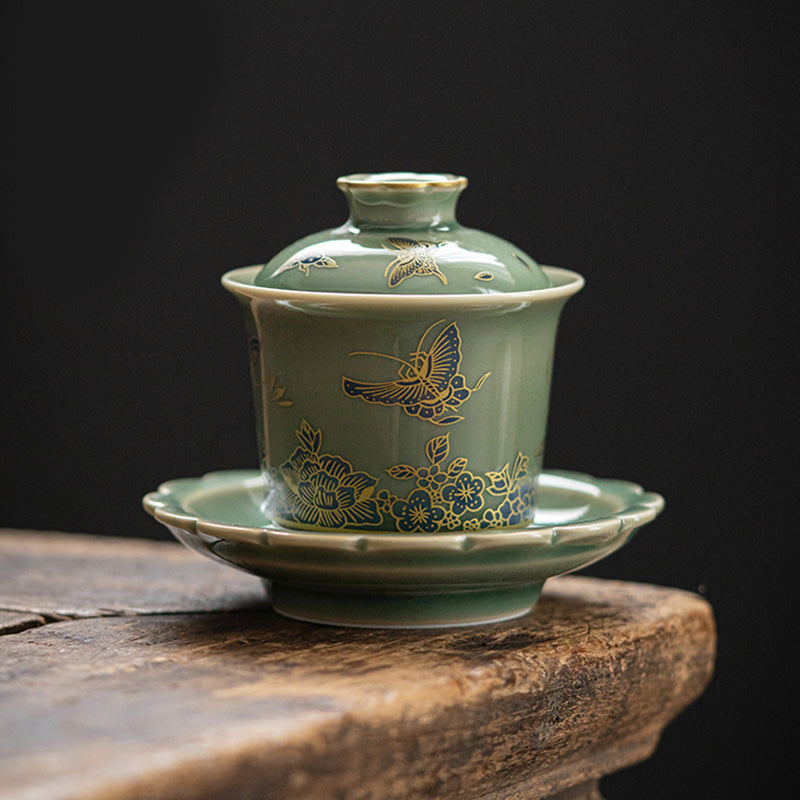 Service à thé Gaiwan en porcelaine verte | Motifs papillon, fleur et saumon