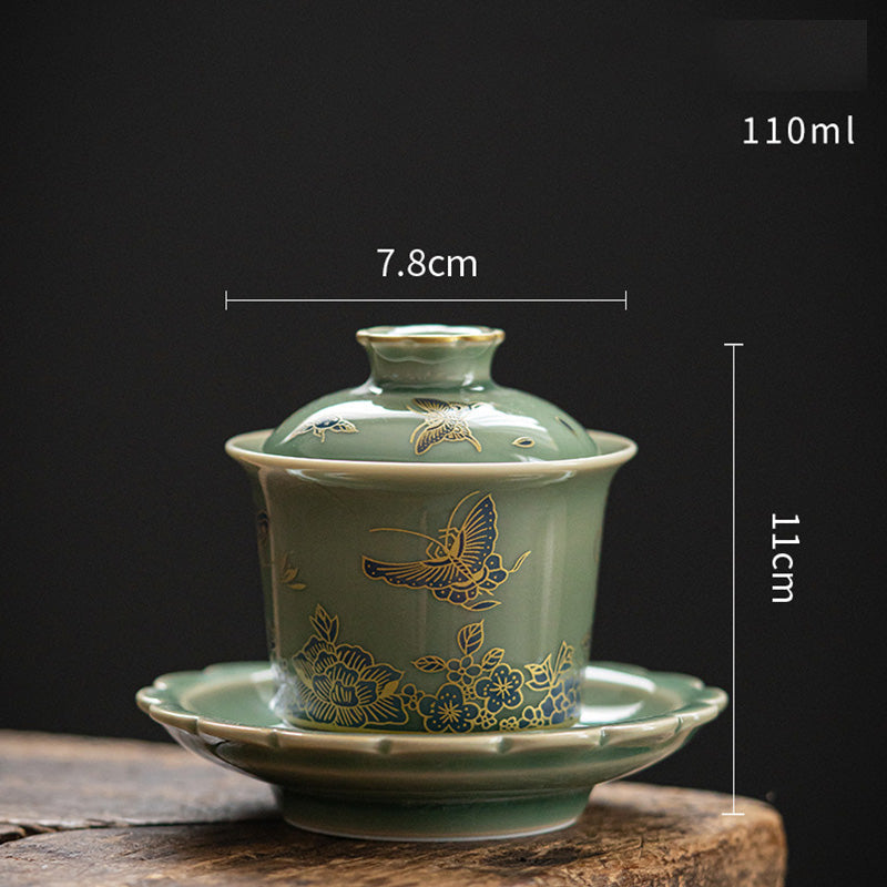 Service à thé Gaiwan en porcelaine verte | Motifs papillon, fleur et saumon
