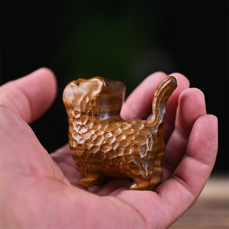 Chat en bois de santal vert 9,5 cm Décoration zen pour la protection et le calme