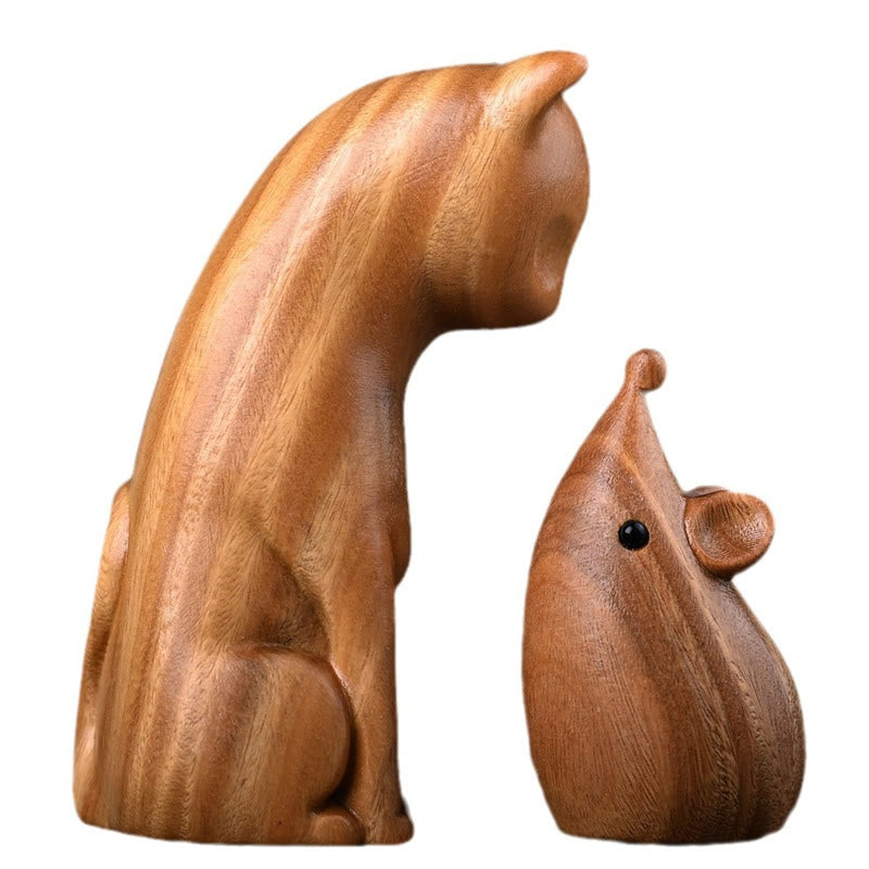 Figurines chat et souris en bois de santal vert | Décoration animalière spirituelle