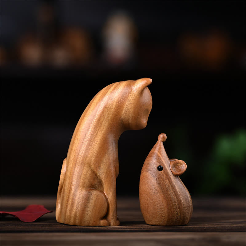 Figurines chat et souris en bois de santal vert | Décoration animalière spirituelle