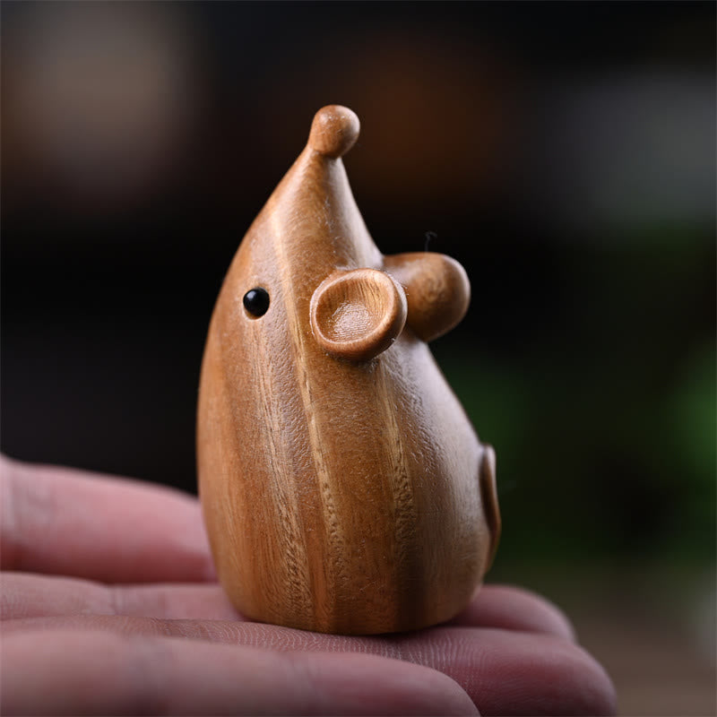 Figurines chat et souris en bois de santal vert | Décoration animalière spirituelle