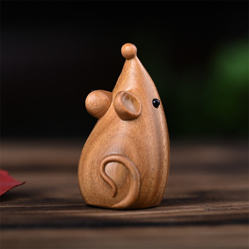 Figurines chat et souris en bois de santal vert | Décoration animalière spirituelle
