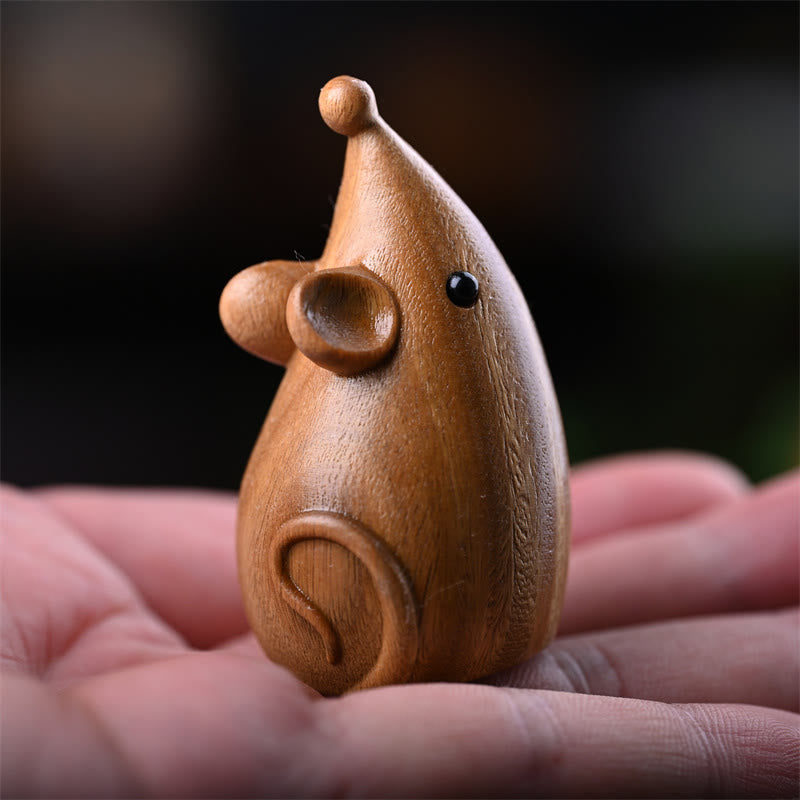 Figurines chat et souris en bois de santal vert | Décoration animalière spirituelle