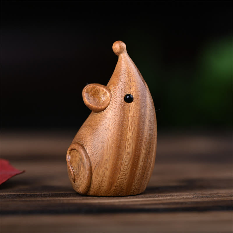 Figurines chat et souris en bois de santal vert | Décoration animalière spirituelle