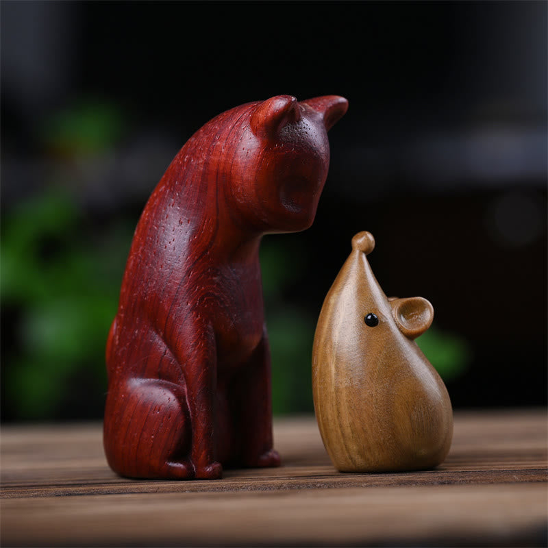 Figurines chat et souris en bois de santal vert | Décoration animalière spirituelle