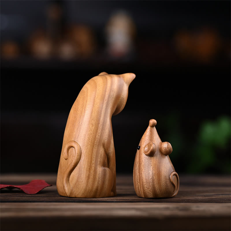 Figurines chat et souris en bois de santal vert | Décoration animalière spirituelle