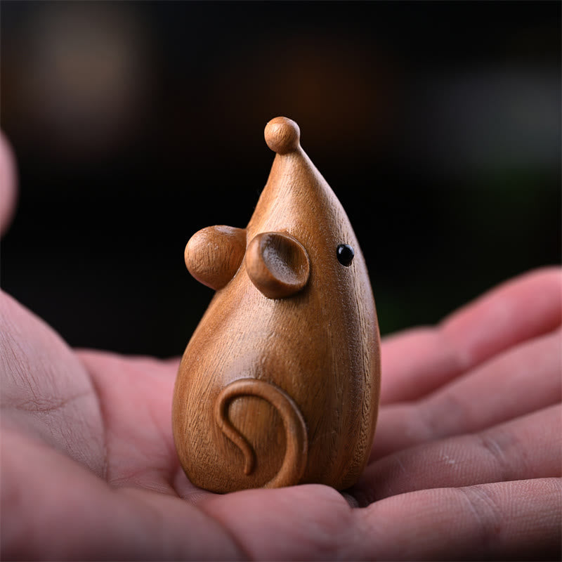 Figurines chat et souris en bois de santal vert | Décoration animalière spirituelle