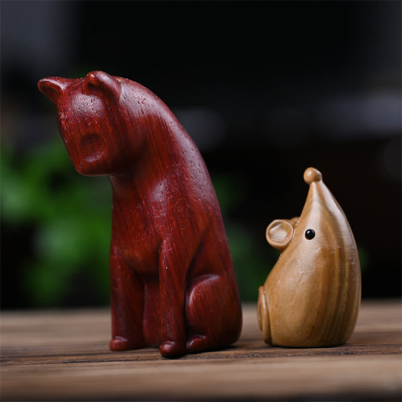 Figurines chat et souris en bois de santal vert | Décoration animalière spirituelle