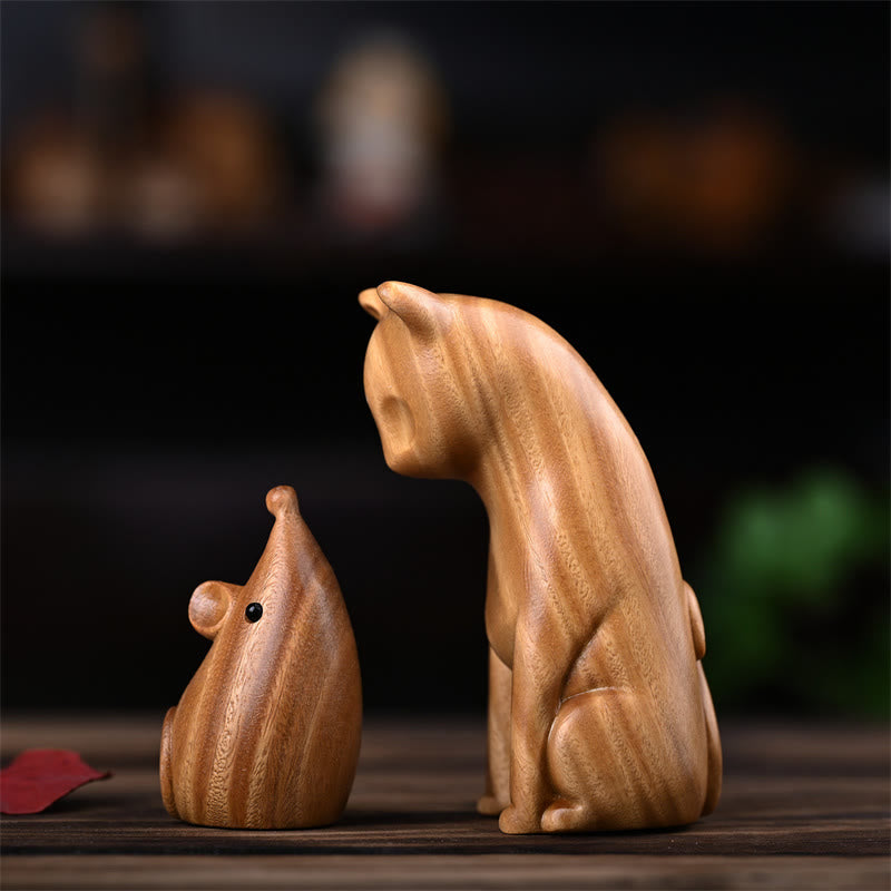 Figurines chat et souris en bois de santal vert | Décoration animalière spirituelle