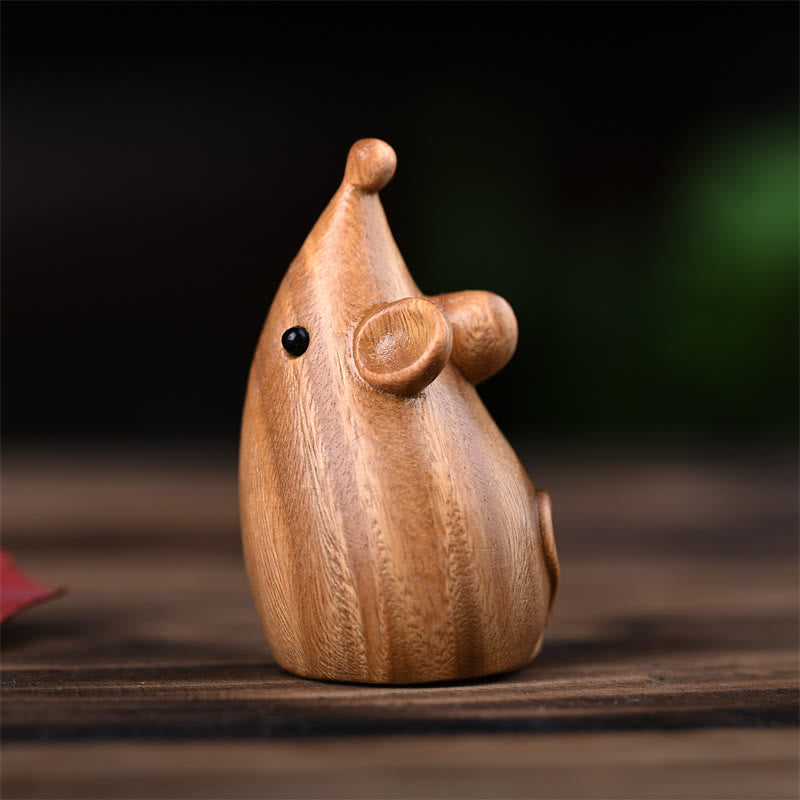 Figurines chat et souris en bois de santal vert | Décoration animalière spirituelle