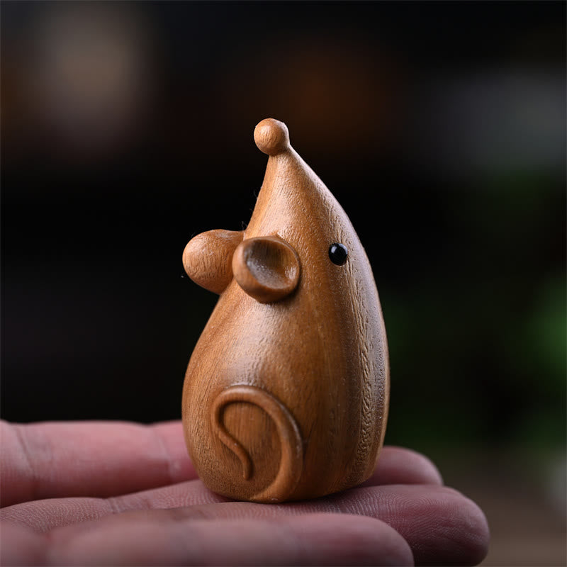 Figurines chat et souris en bois de santal vert | Décoration animalière spirituelle