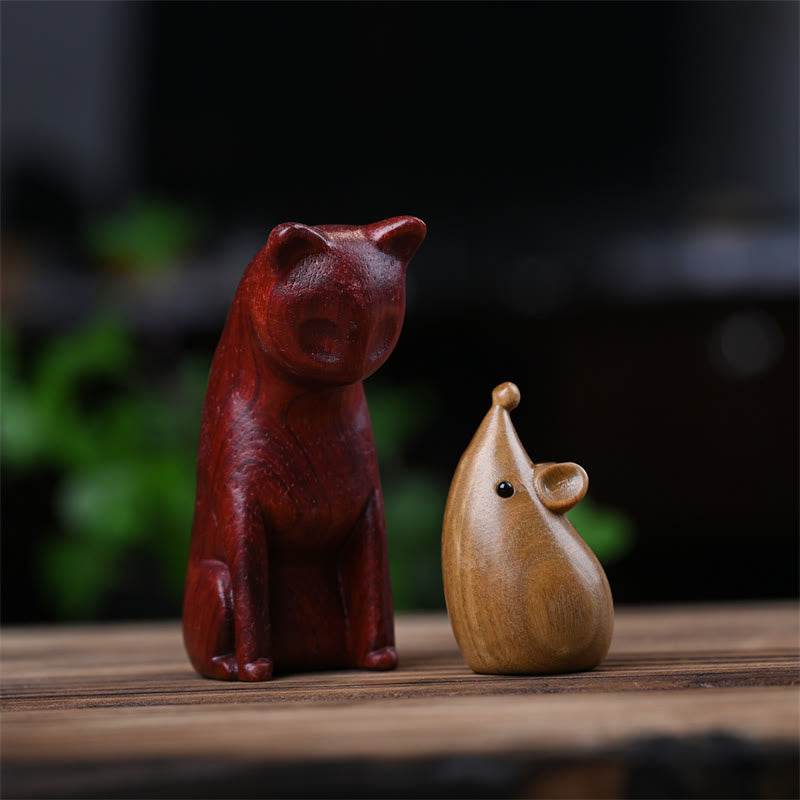 Figurines chat et souris en bois de santal vert | Décoration animalière spirituelle