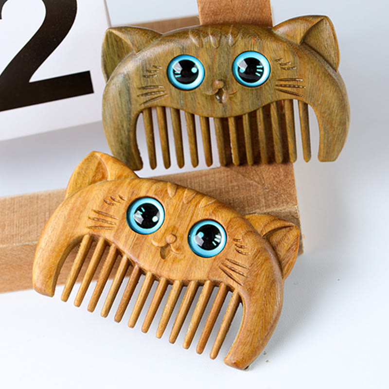 Peigne de guérison en bois de santal vert avec motif de chat pour une énergie positive