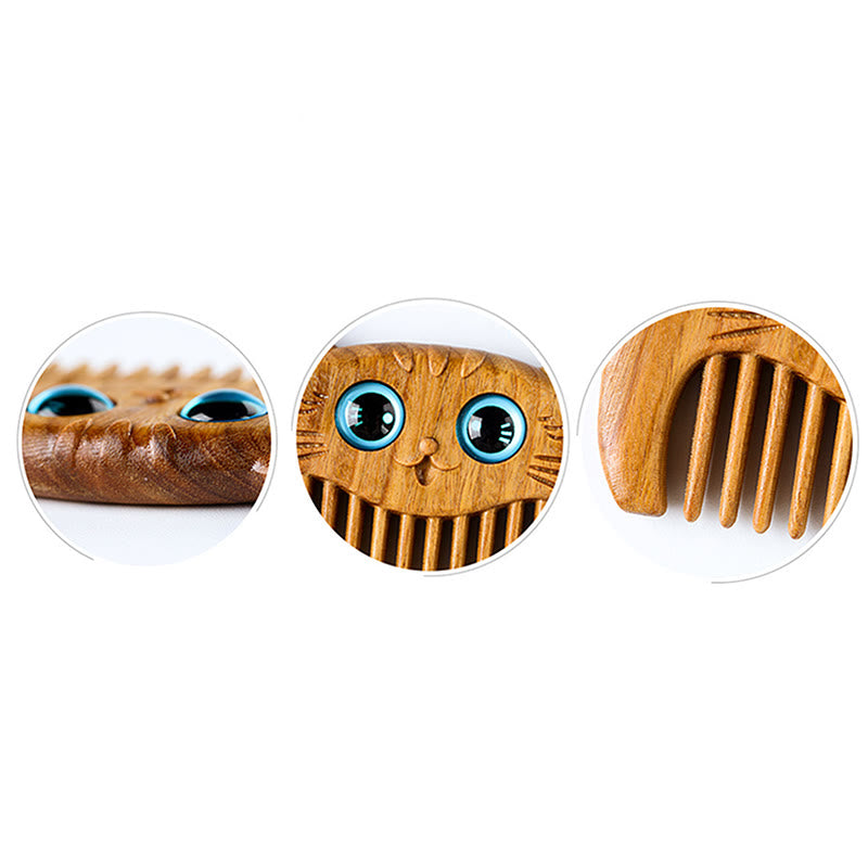 Peigne de guérison en bois de santal vert avec motif de chat pour une énergie positive
