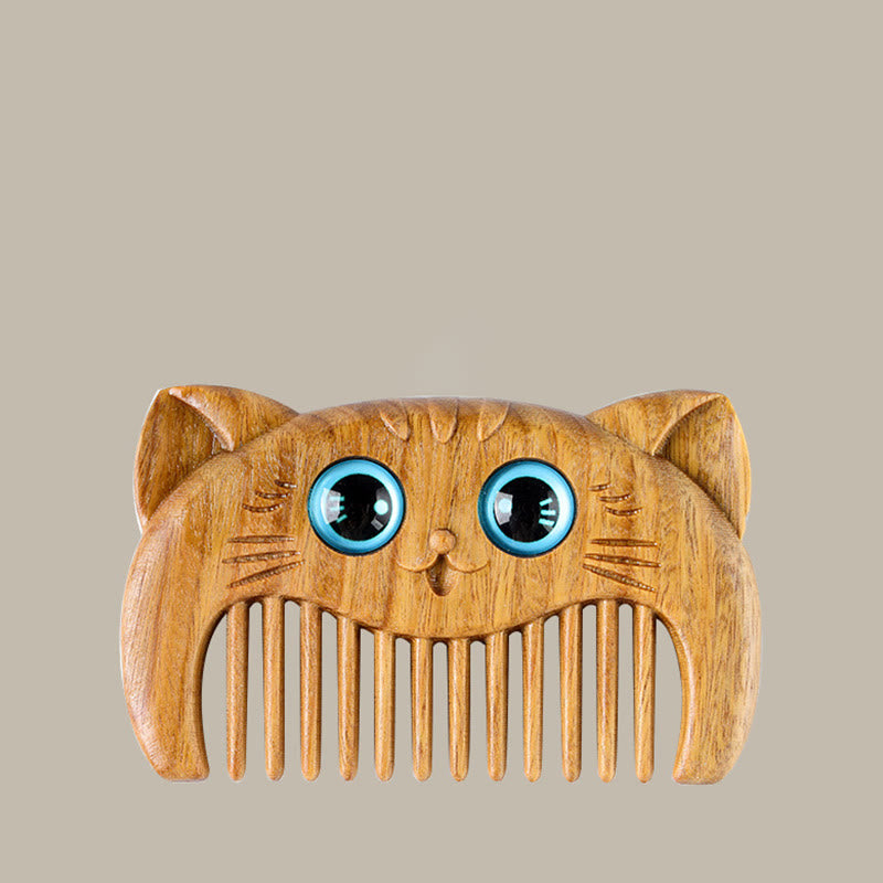 Peigne de guérison en bois de santal vert avec motif de chat pour une énergie positive