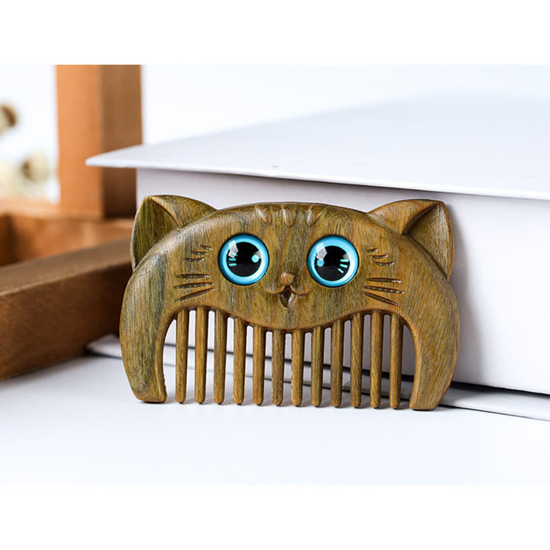 Peigne de guérison en bois de santal vert avec motif de chat pour une énergie positive