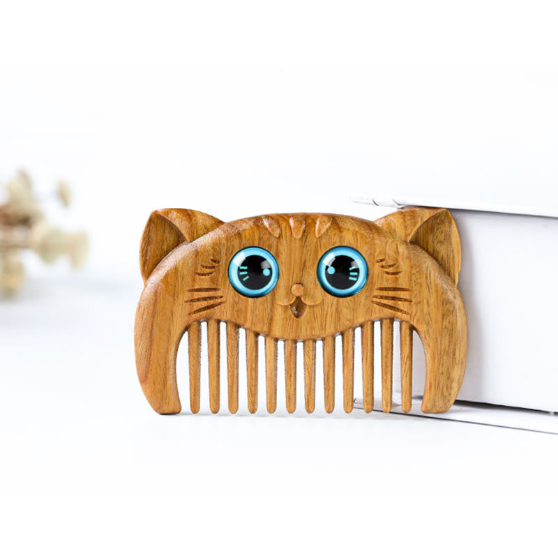 Peigne de guérison en bois de santal vert avec motif de chat pour une énergie positive