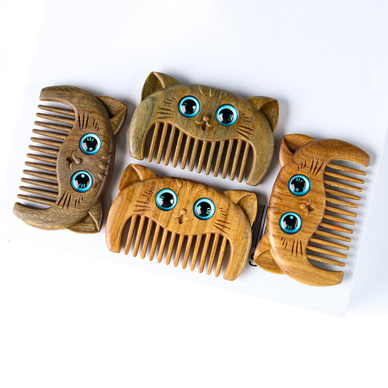 Peigne de guérison en bois de santal vert avec motif de chat pour une énergie positive