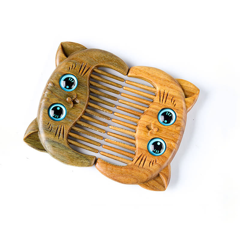 Peigne de guérison en bois de santal vert avec motif de chat pour une énergie positive