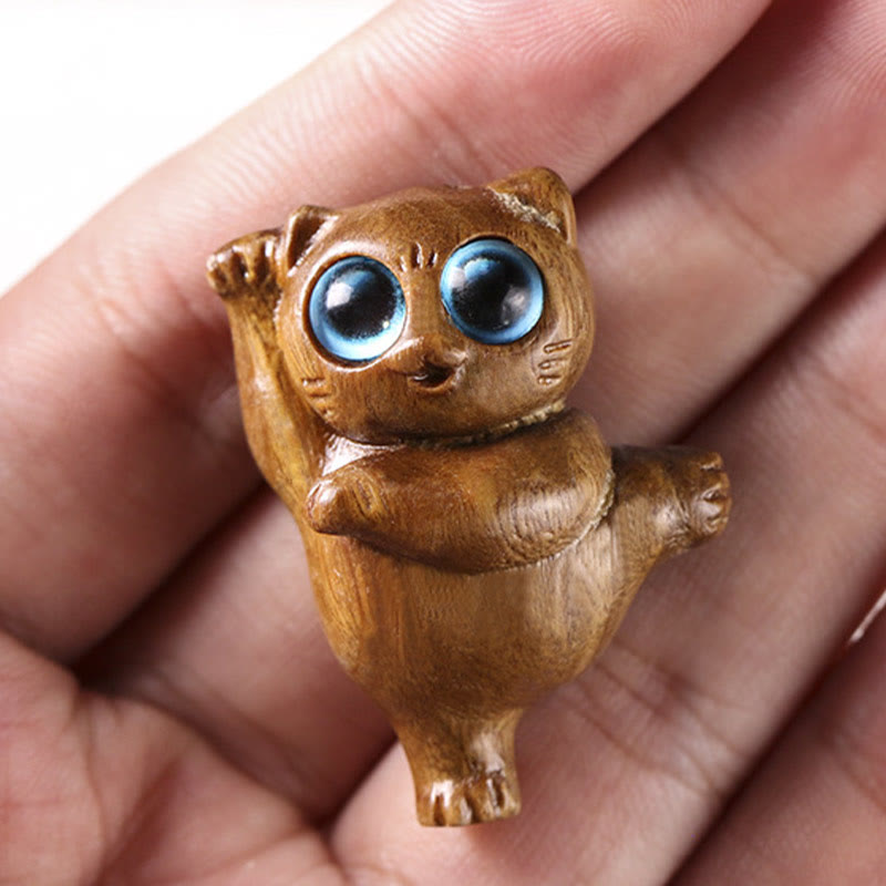 Figurine de chat dansant en bois de santal vert 3,7 cm Énergie positive